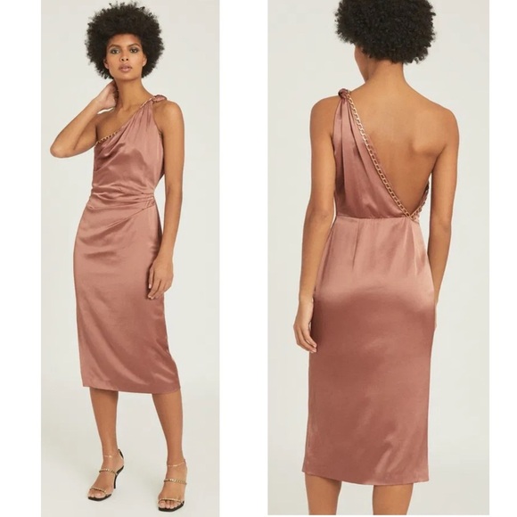 Reiss Adaline Satin Crepe Open Back Asymmetrical Chain Detail Cocktail Dress NEW - Picture 1 of 16